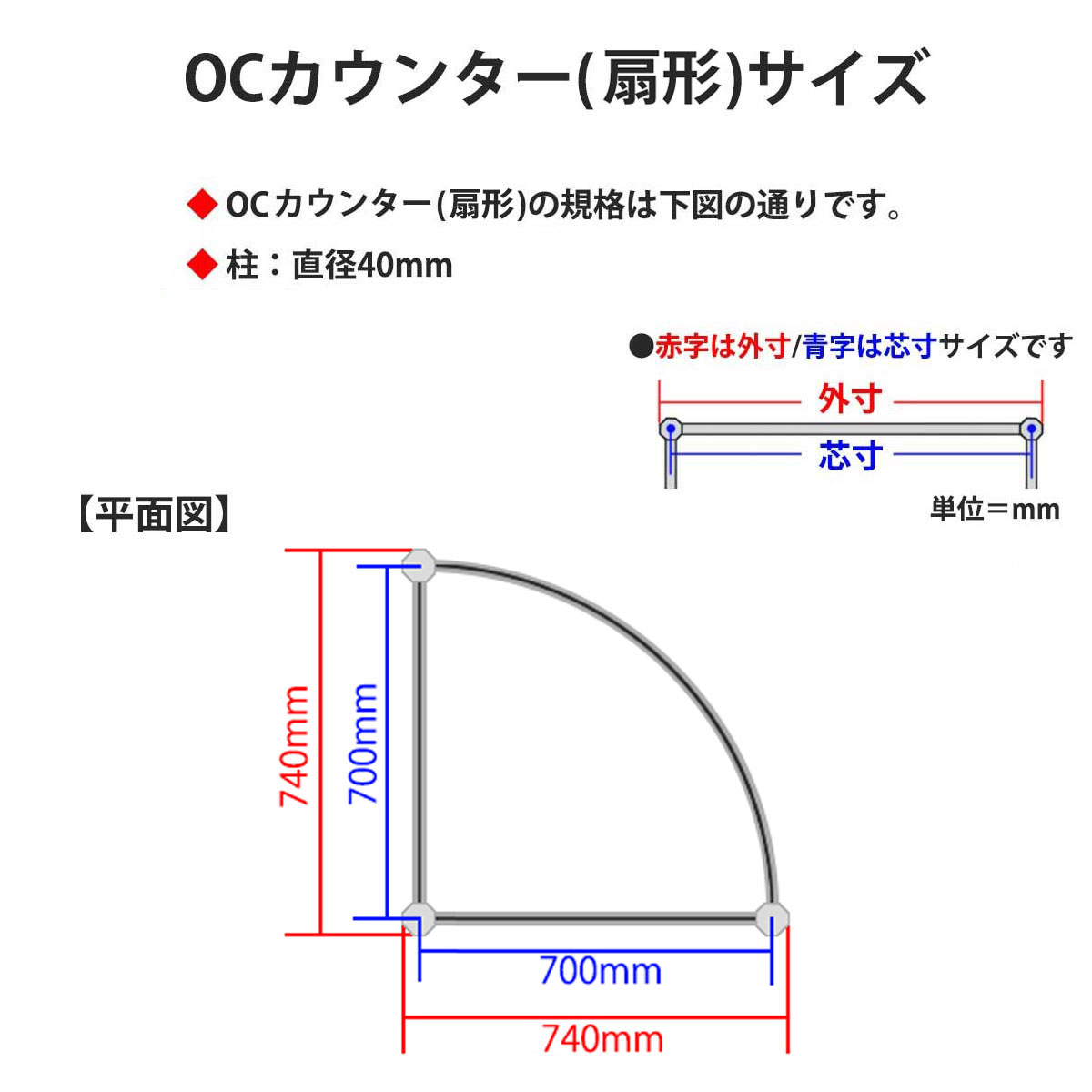 OCカウンター(扇形)H900×ｒ740mm